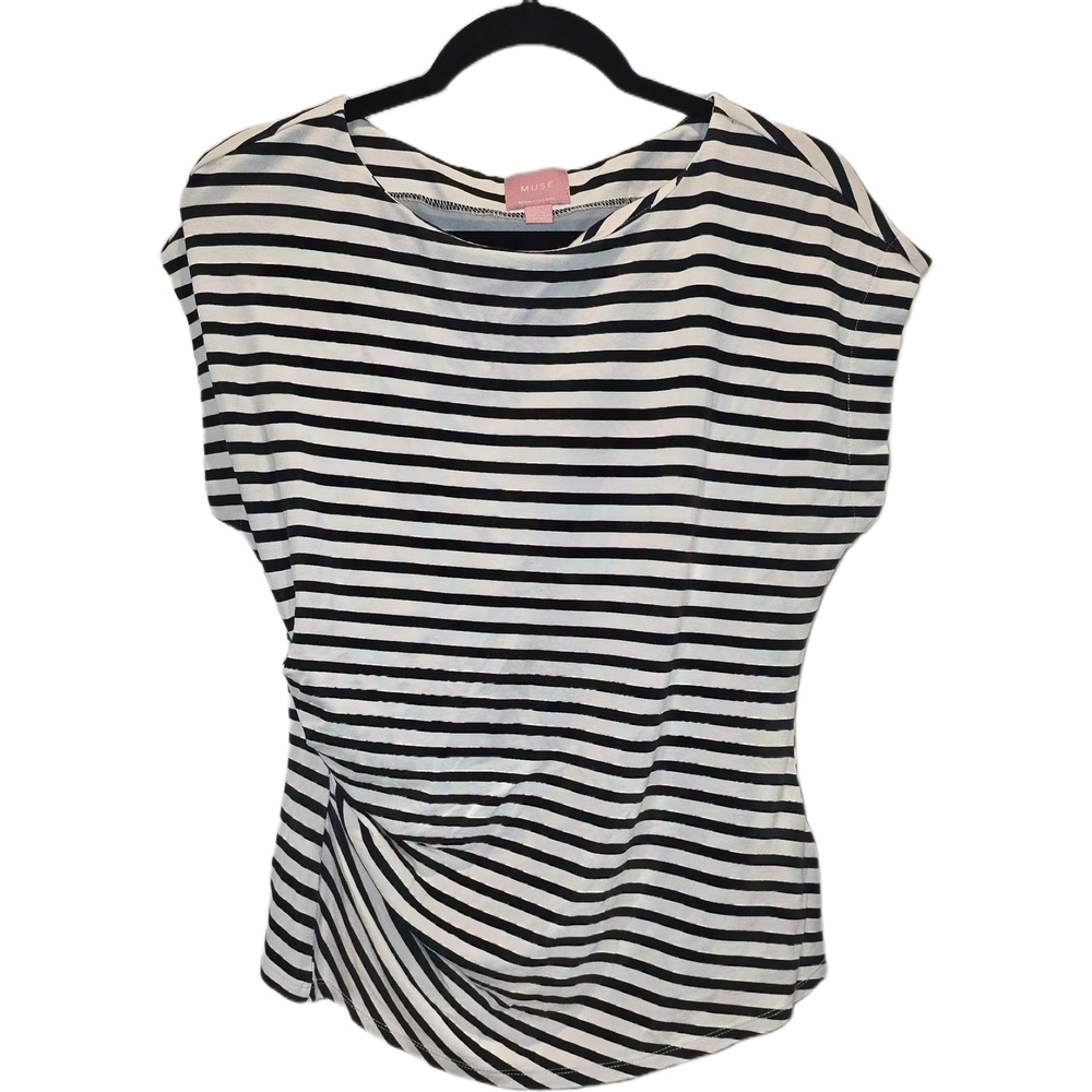 Muse Republic Clothing Navy White Striped Ruched Side Cap Sleeve Top Large